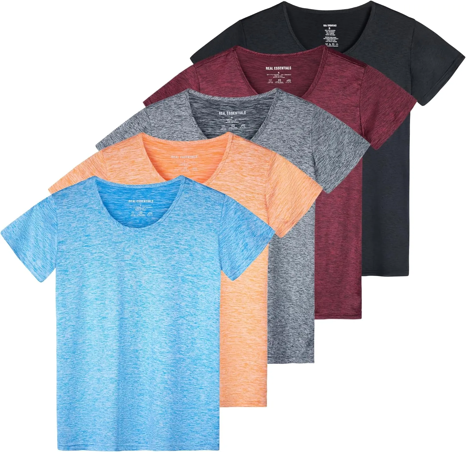 Real Essentials 5 Pack: Women's Dry Fit Tech Stretch Short-Sleeve Crew Neck Athletic T-Shirt (Available in Plus Size)