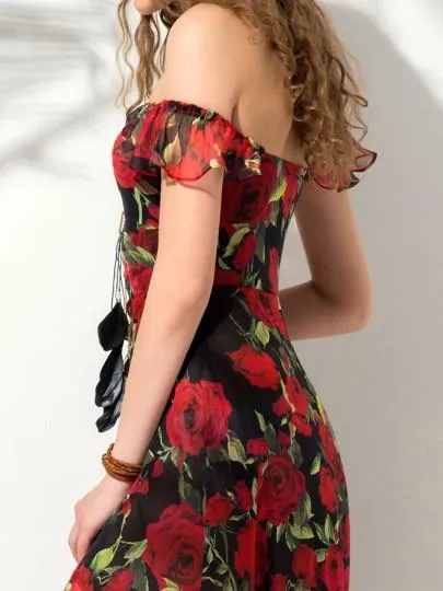 Red Floral Sleeveless Maxi Dress