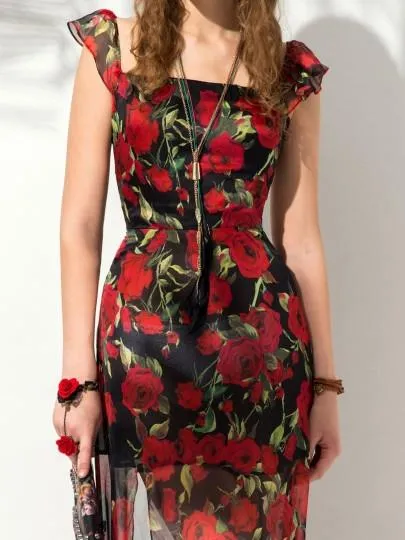Red Floral Sleeveless Maxi Dress