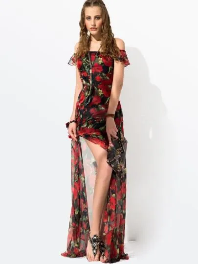 Red Floral Sleeveless Maxi Dress