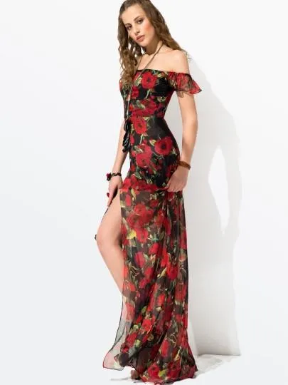 Red Floral Sleeveless Maxi Dress