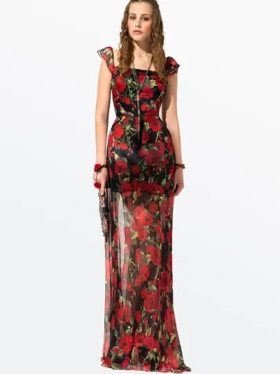 Red Floral Sleeveless Maxi Dress