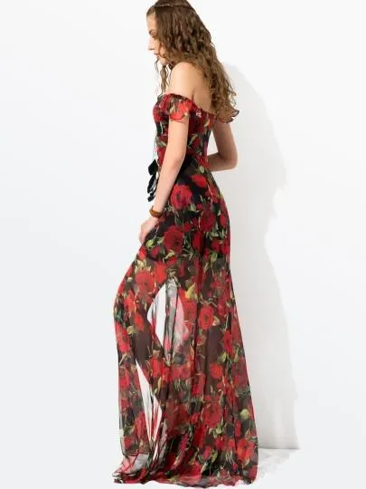 Red Floral Sleeveless Maxi Dress