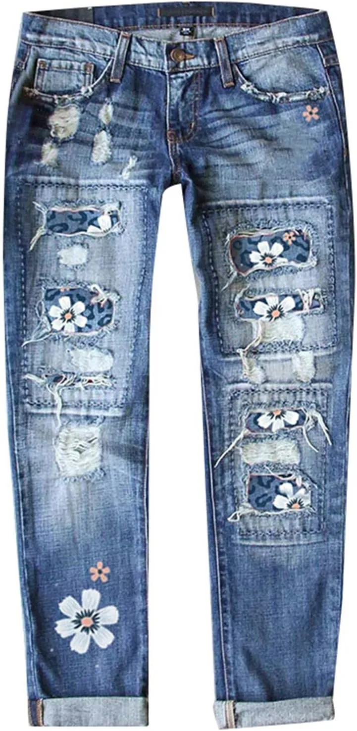 Ripped Jeans Womens Straight Leg Roll-up Denim Pants Classic Distressed Frayed Raw Hem Iron on Patches for Jeans