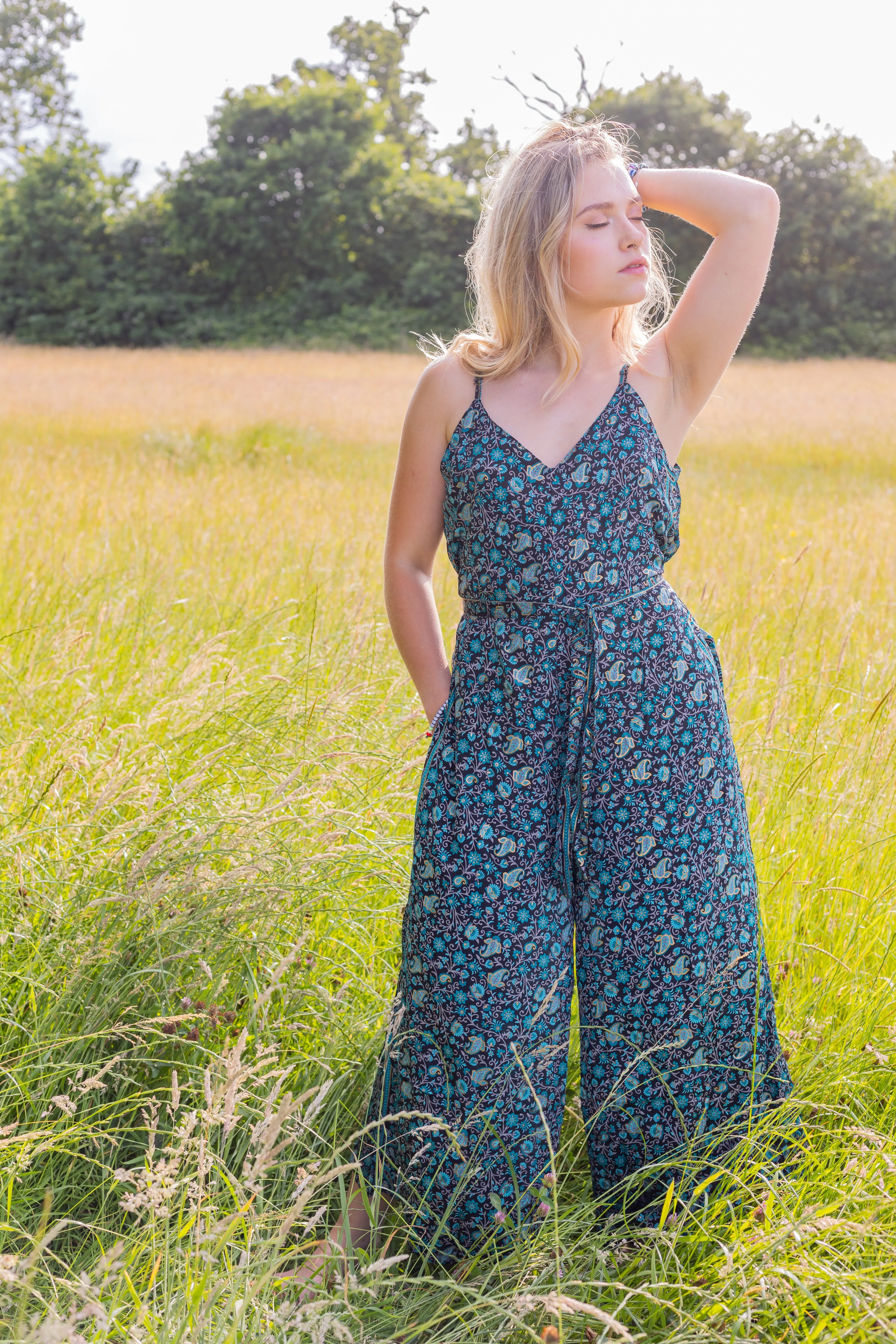 Selene Wide Leg Jumpsuit | Blue Noir Garden