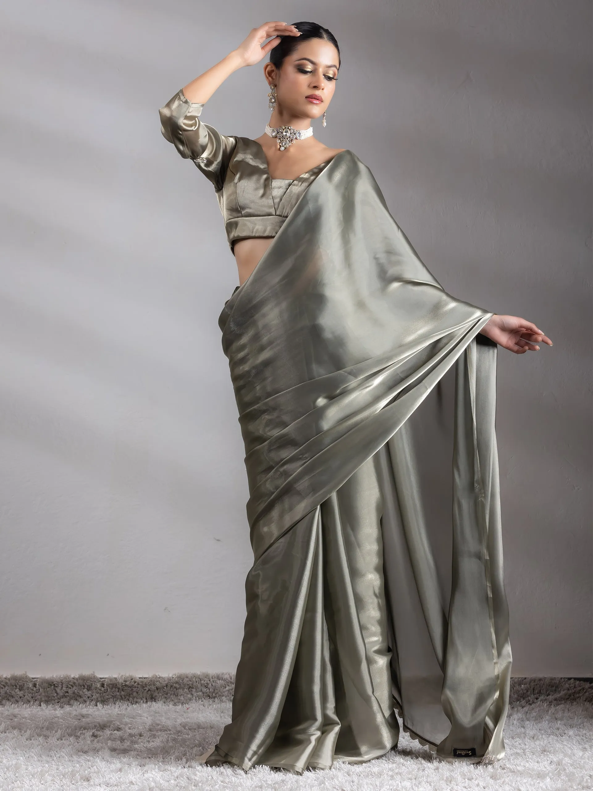 SET | Liquid Gold Saree with Lace   Liquid Blouse