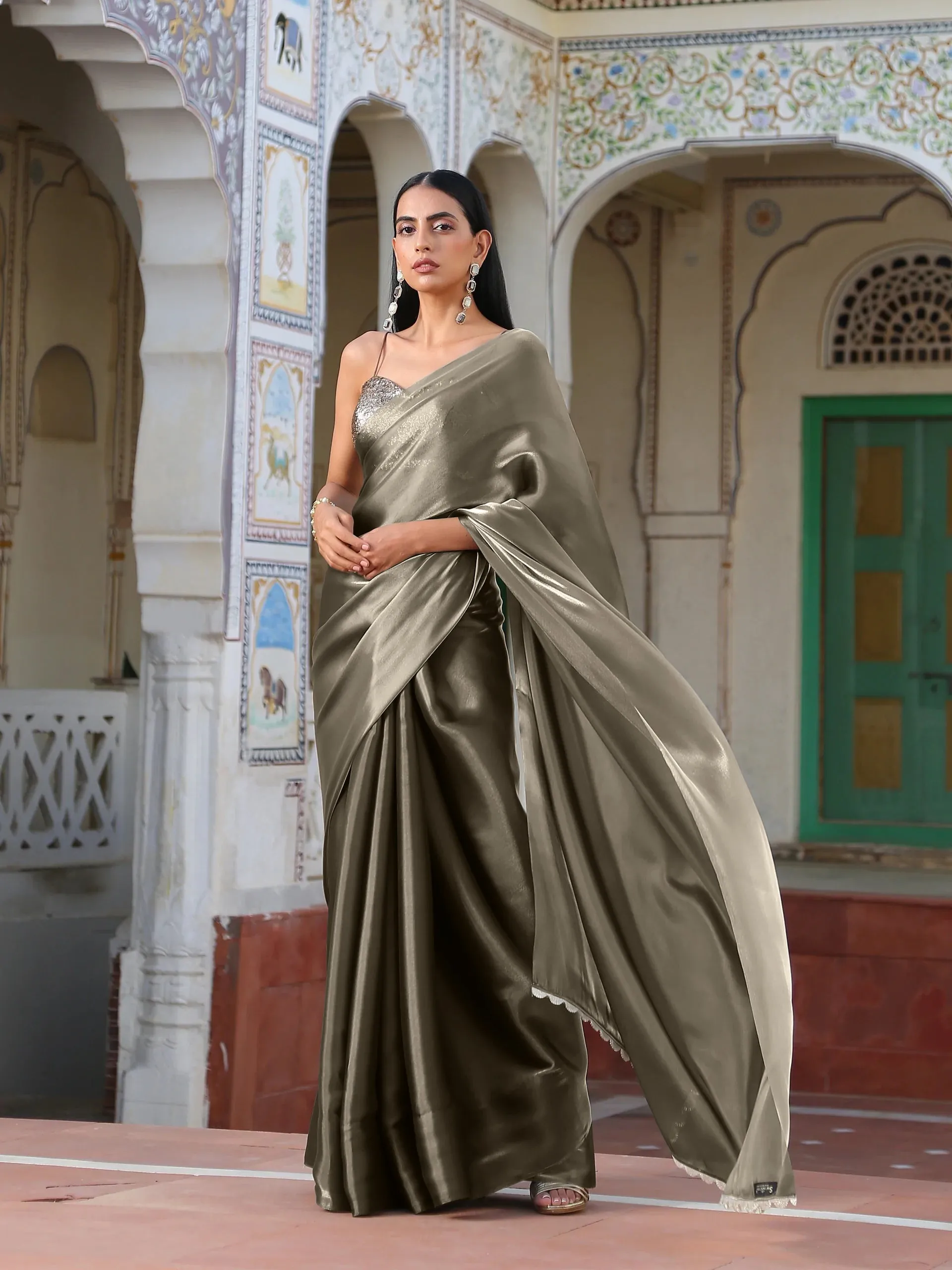 SET | Liquid Gold Saree with Lace   Liquid Blouse