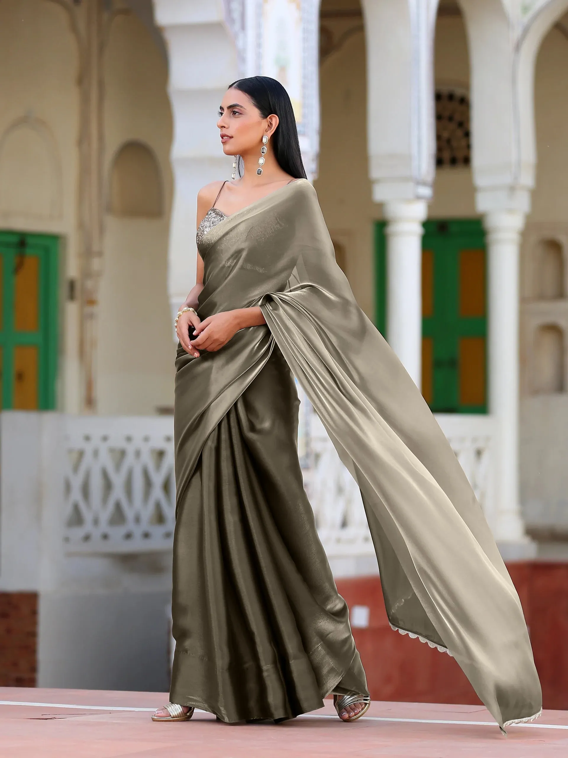 SET | Liquid Gold Saree with Lace   Liquid Blouse