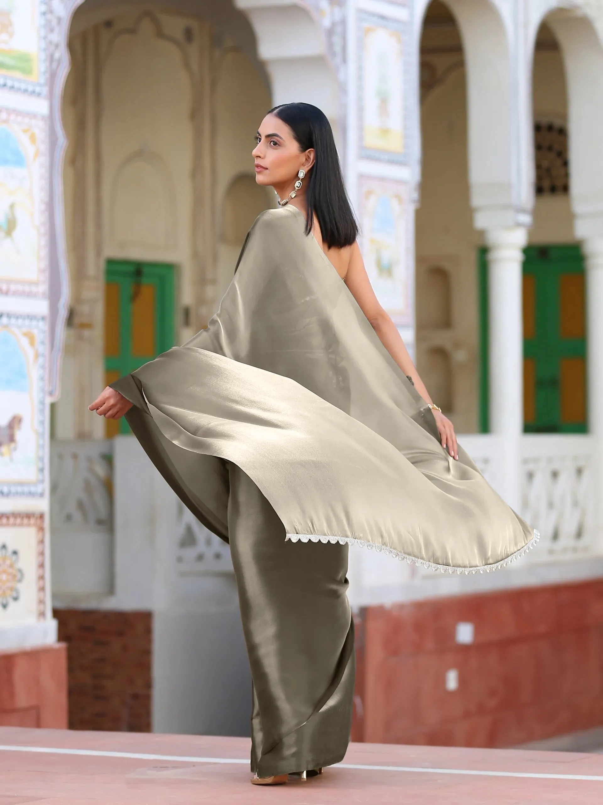 SET | Liquid Gold Saree with Lace   Liquid Blouse