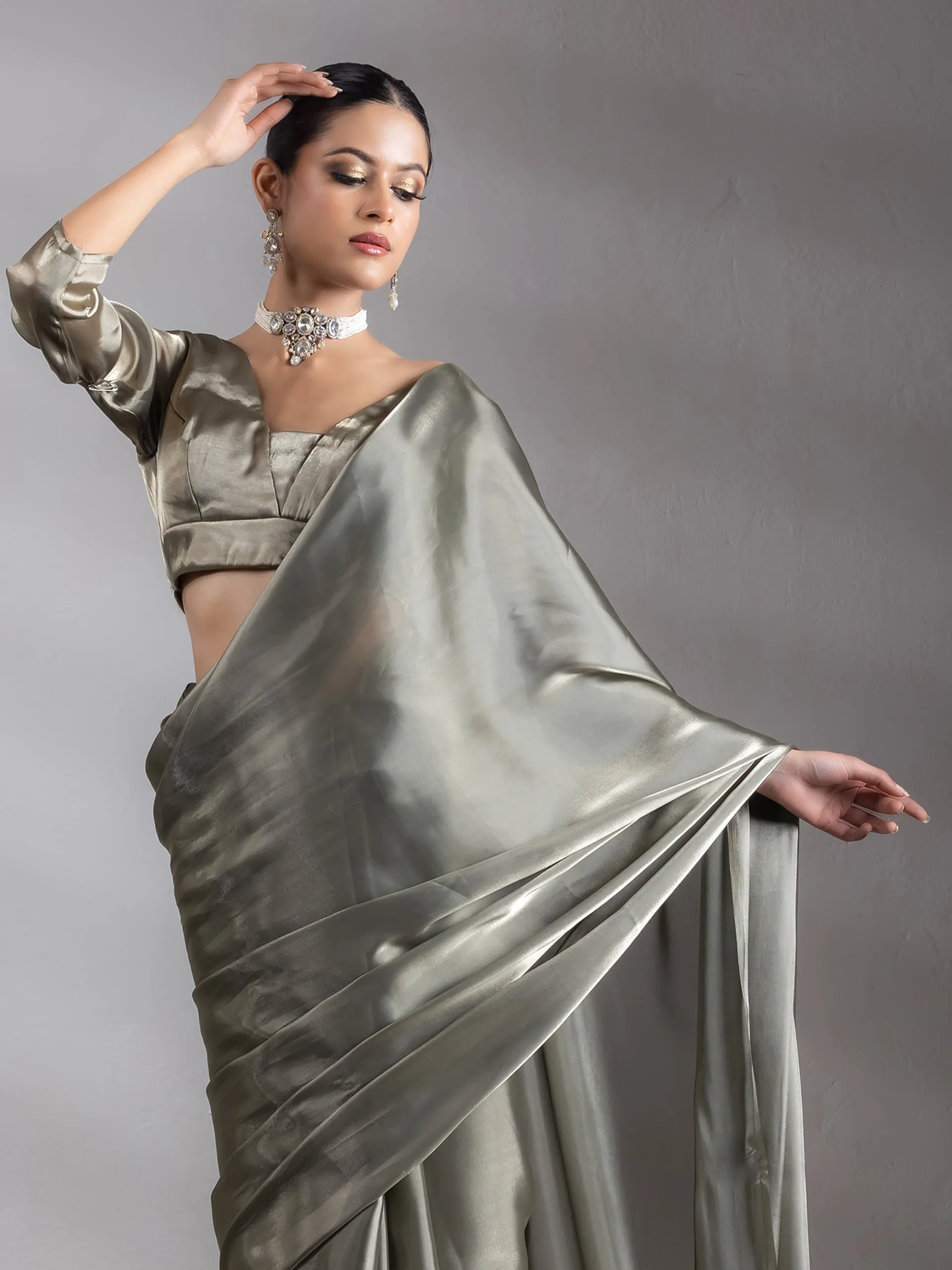 SET | Liquid Gold Saree with Lace   Liquid Blouse