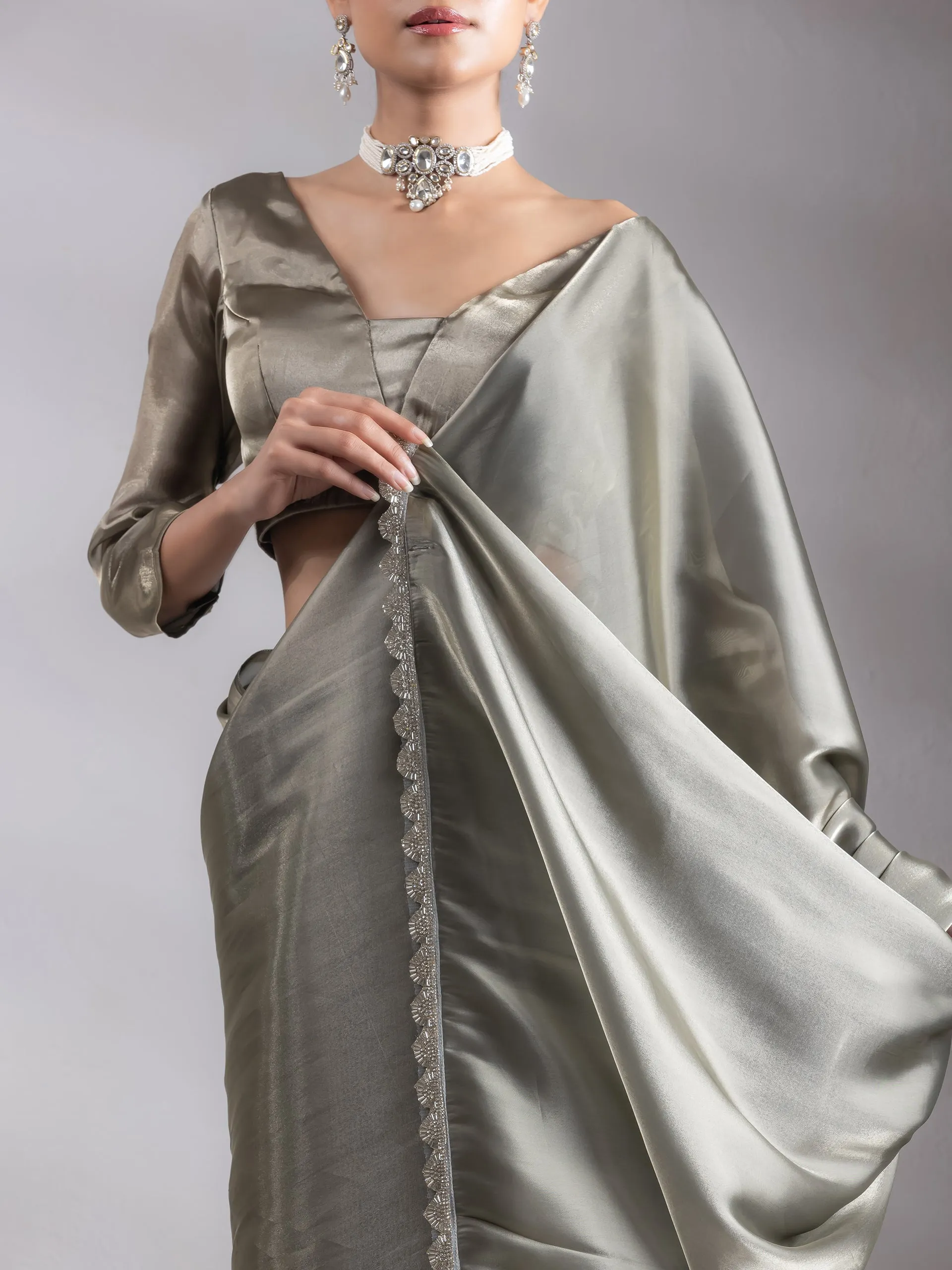 SET | Liquid Gold Saree with Lace   Liquid Blouse