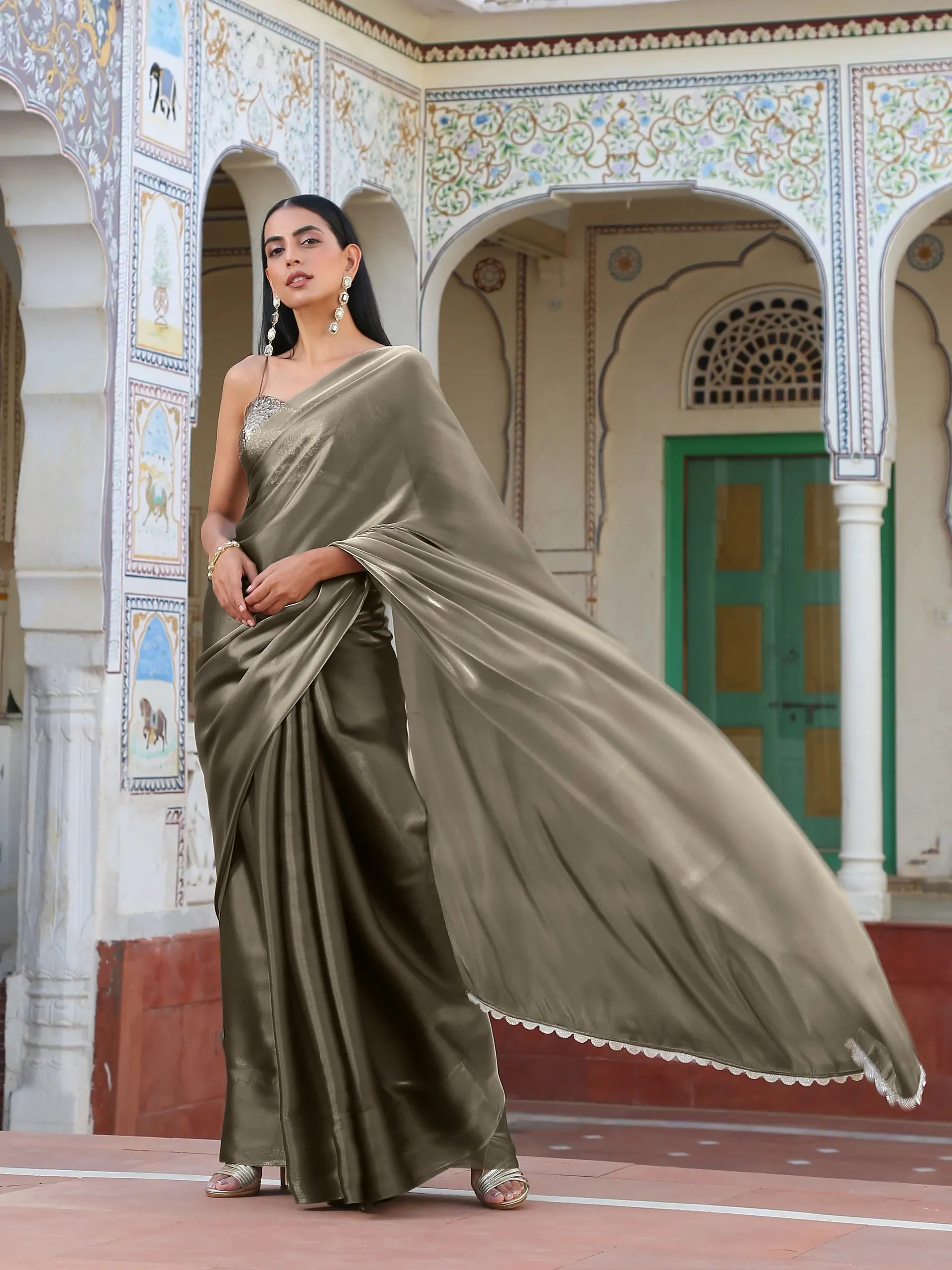 SET | Liquid Gold Saree with Lace   Liquid Blouse
