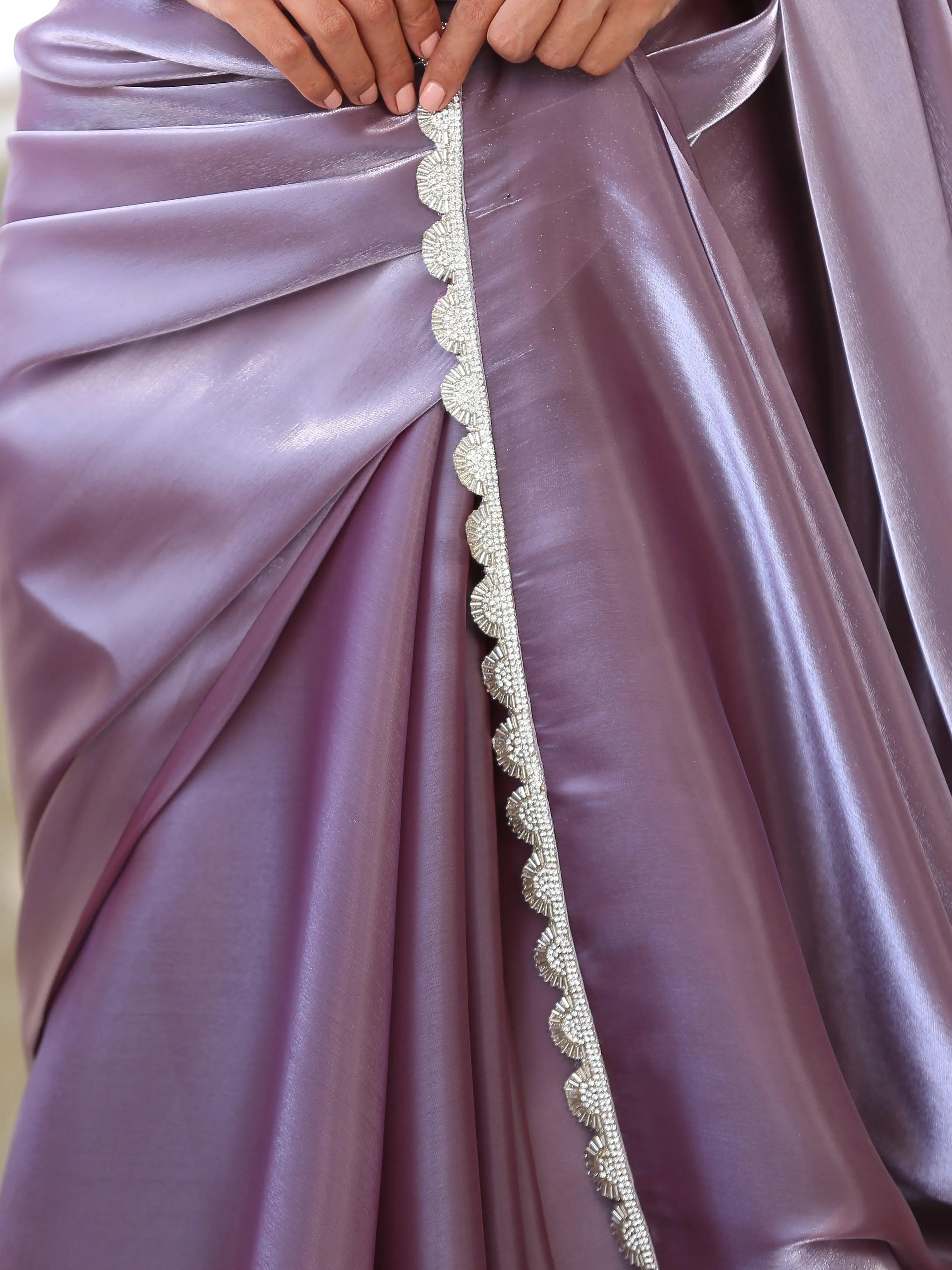 SET - Mauve Silver Saree   White Iridescent Sequin Blouse