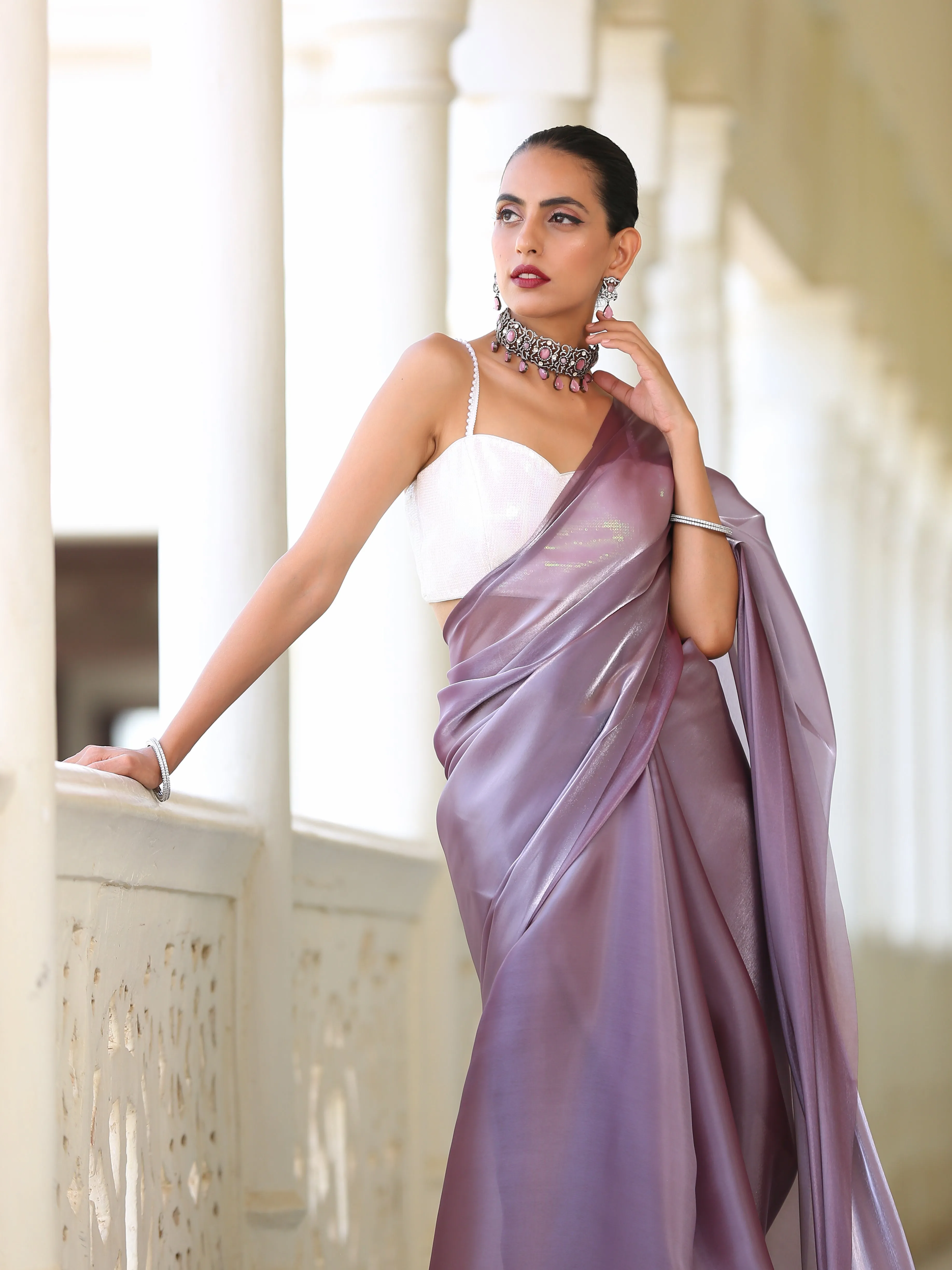 SET - Mauve Silver Saree   White Iridescent Sequin Blouse
