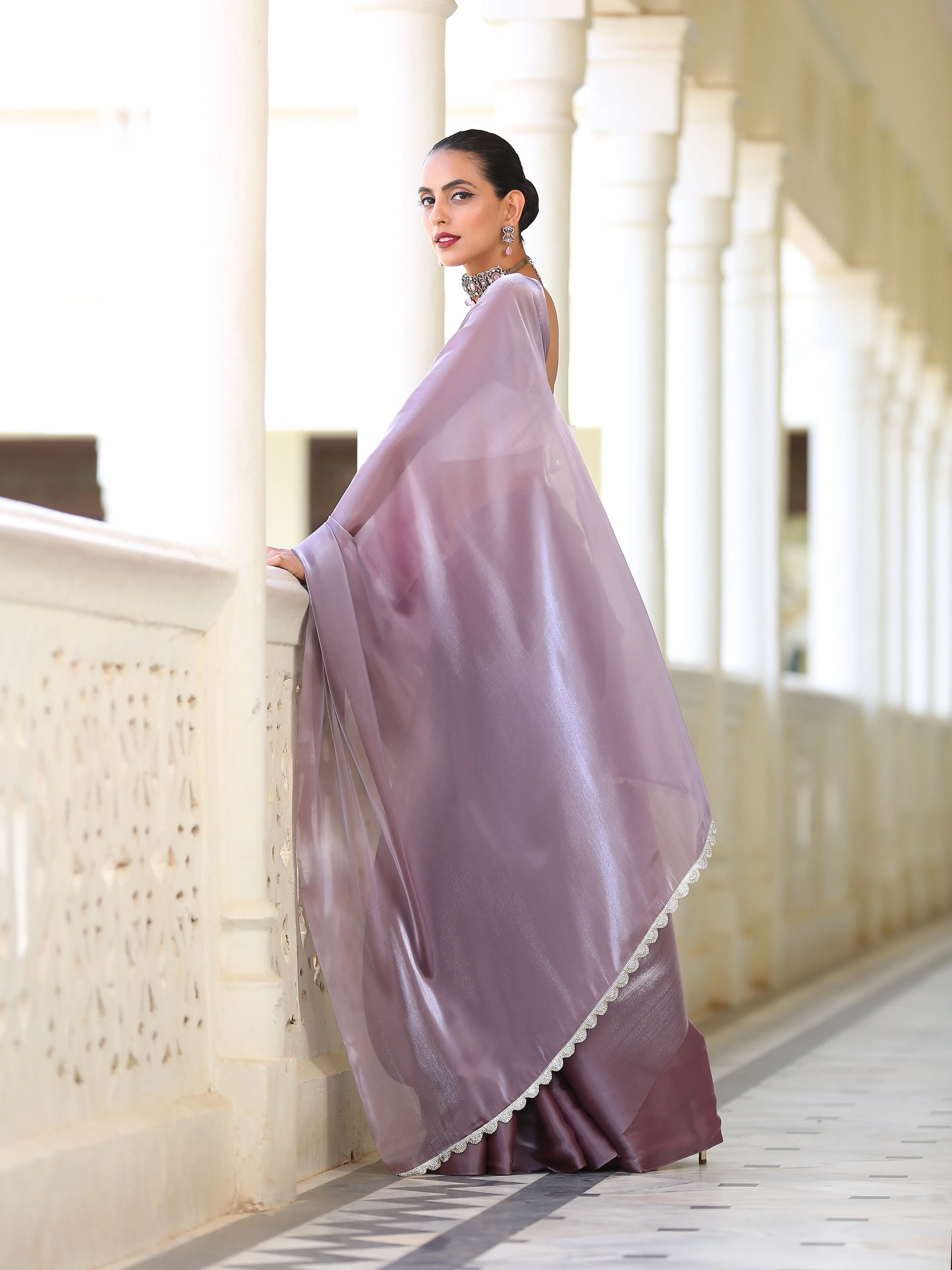 SET - Mauve Silver Saree   White Iridescent Sequin Blouse