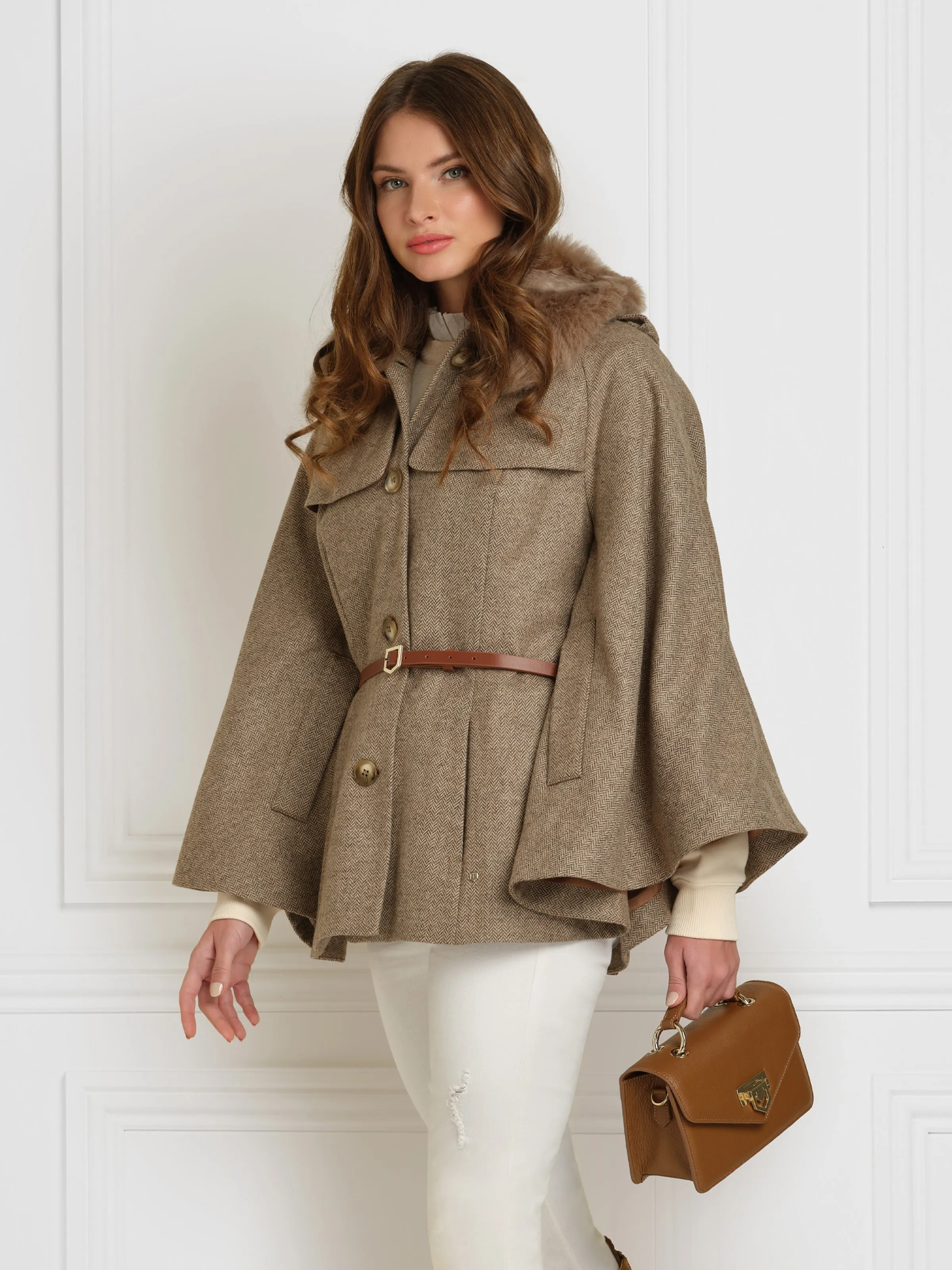 Sienna Wool Cape - Taupe Herringbone
