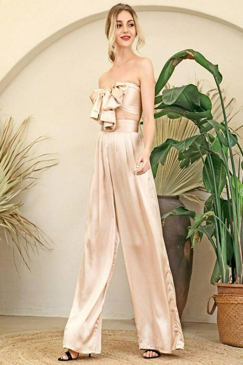 Silky Strapless High Waisted Two Piece Pants Set - Nude