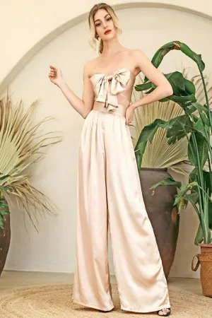 Silky Strapless High Waisted Two Piece Pants Set - Nude