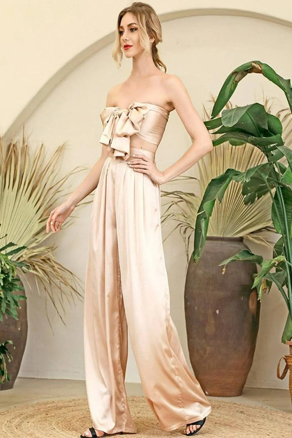 Silky Strapless High Waisted Two Piece Pants Set - Nude