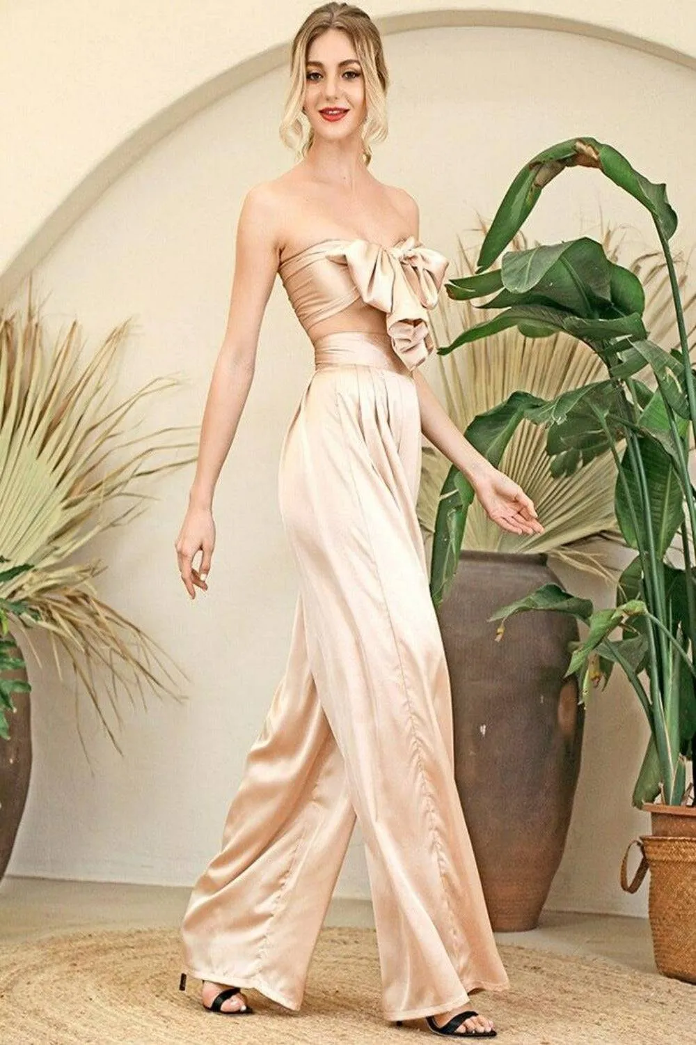 Silky Strapless High Waisted Two Piece Pants Set - Nude