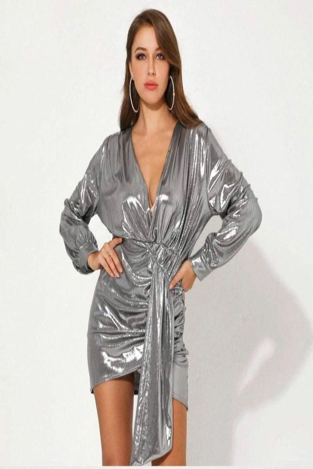 Silver Metallic Ruched Mini Dress