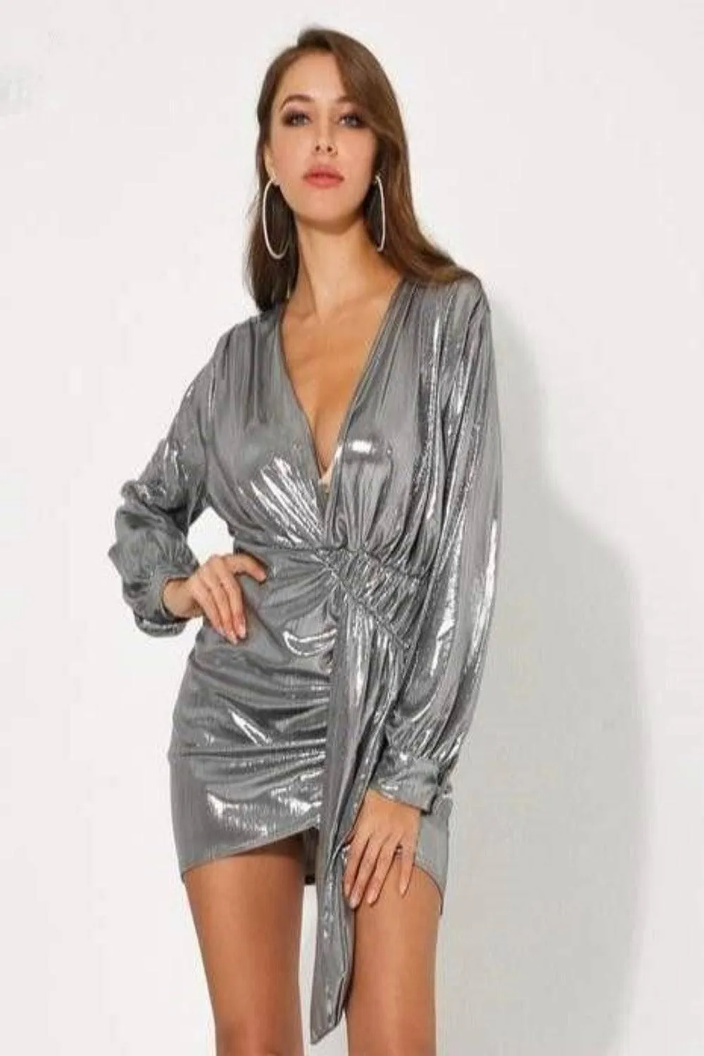 Silver Metallic Ruched Mini Dress