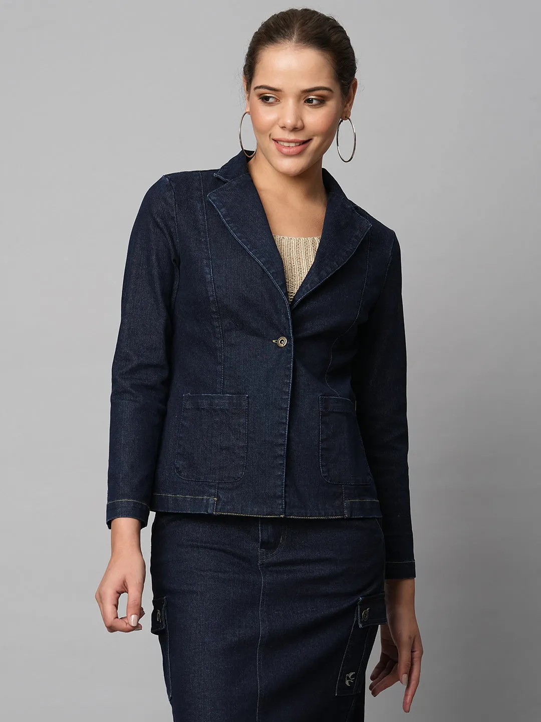 Slim Fit Indigo Denim Cropped Blazer