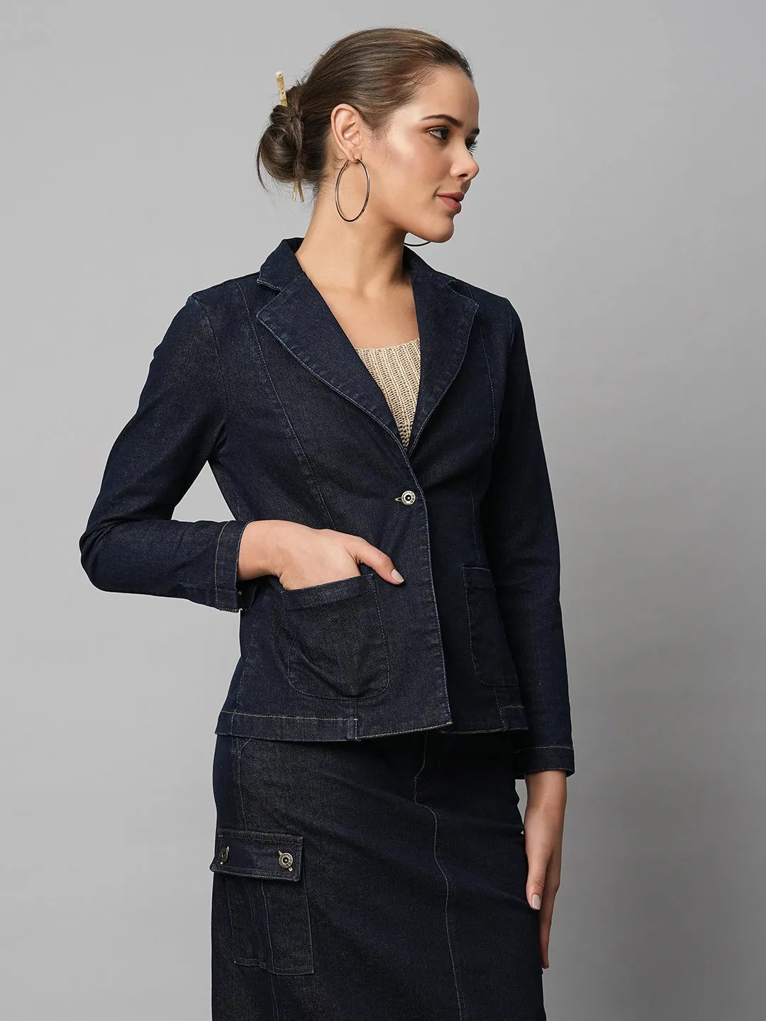 Slim Fit Indigo Denim Cropped Blazer