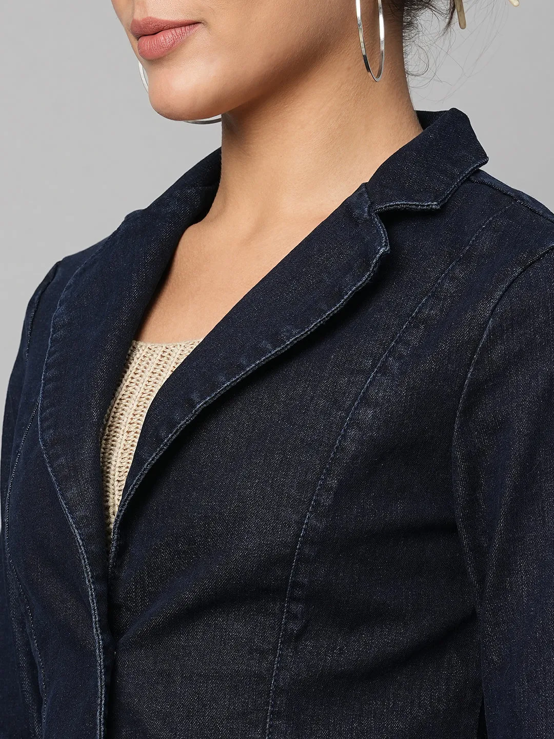 Slim Fit Indigo Denim Cropped Blazer