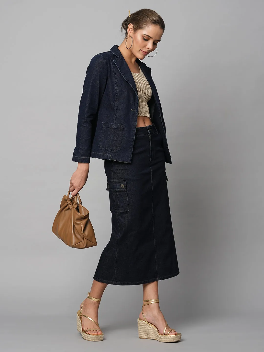 Slim Fit Indigo Denim Cropped Blazer