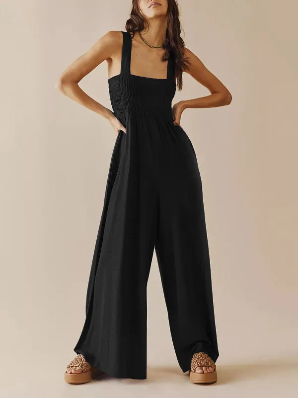 Square Neck Casual Slim Pleated Jumpsuit