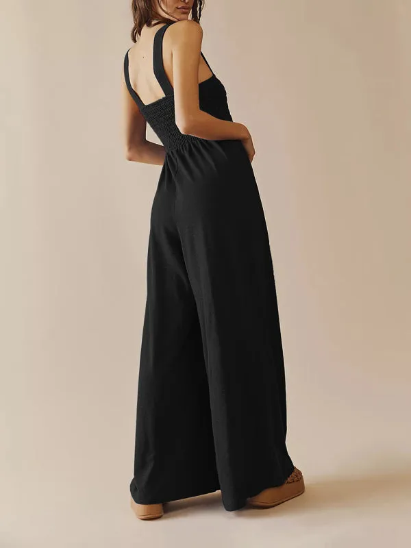 Square Neck Casual Slim Pleated Jumpsuit