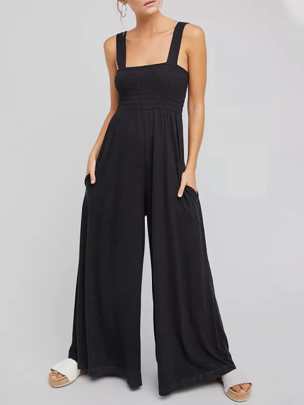Square Neck Casual Slim Pleated Jumpsuit