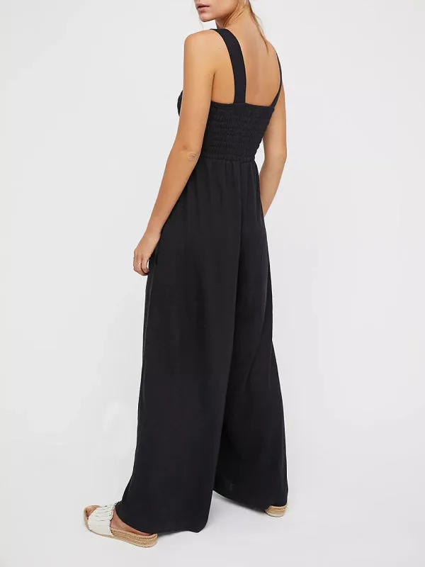 Square Neck Casual Slim Pleated Jumpsuit
