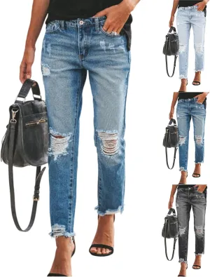 Straight Leg Jeans for Women Mid Rise Comfy Relaxed Fit Distressed Jeans Casual Ankle Pants with Pockets