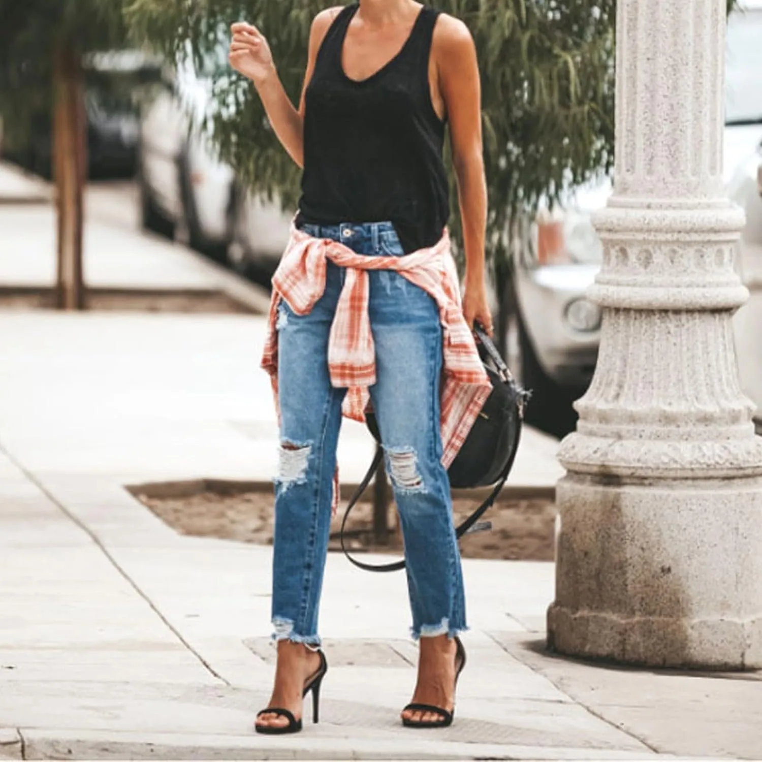 Straight Leg Jeans for Women Mid Rise Comfy Relaxed Fit Distressed Jeans Casual Ankle Pants with Pockets