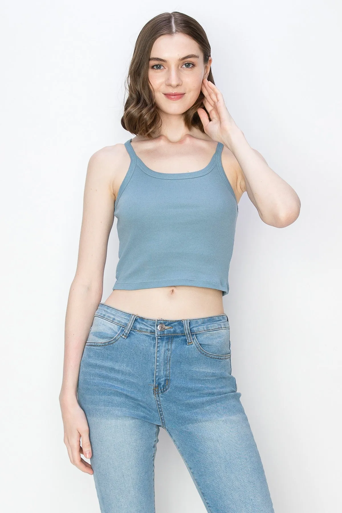 Surf World - Crop Spaghetti Strap Tank Top - Mini ribbed texture