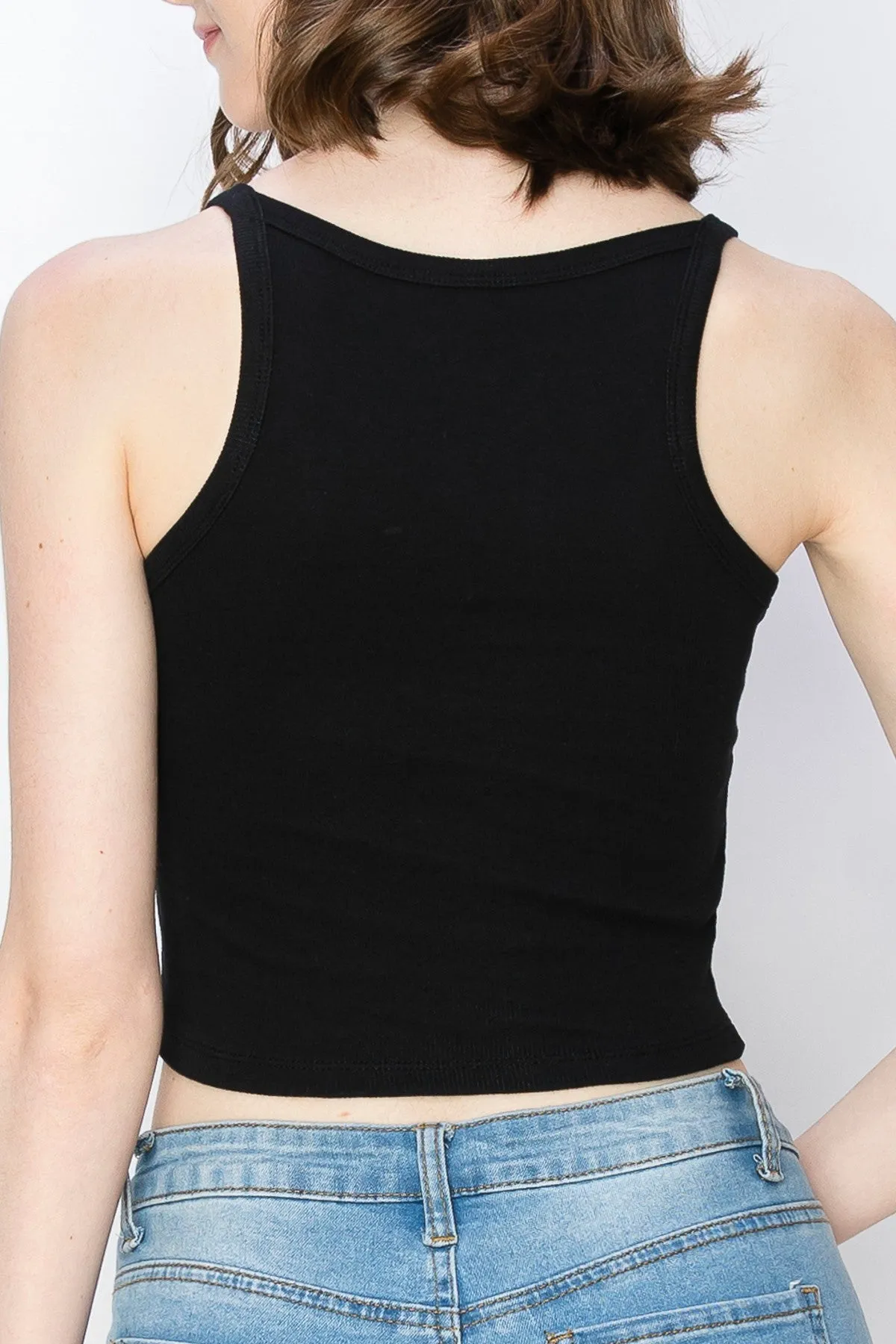 Surf World - Crop Spaghetti Strap Tank Top - Mini ribbed texture