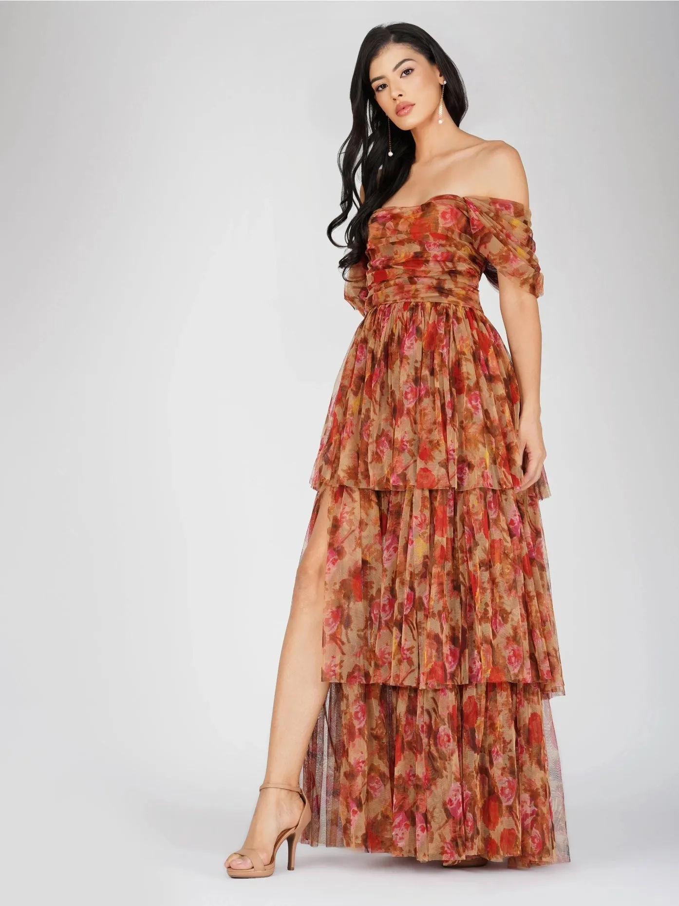 Sydney Tulle Maxi Dress in Brown Rose Floral