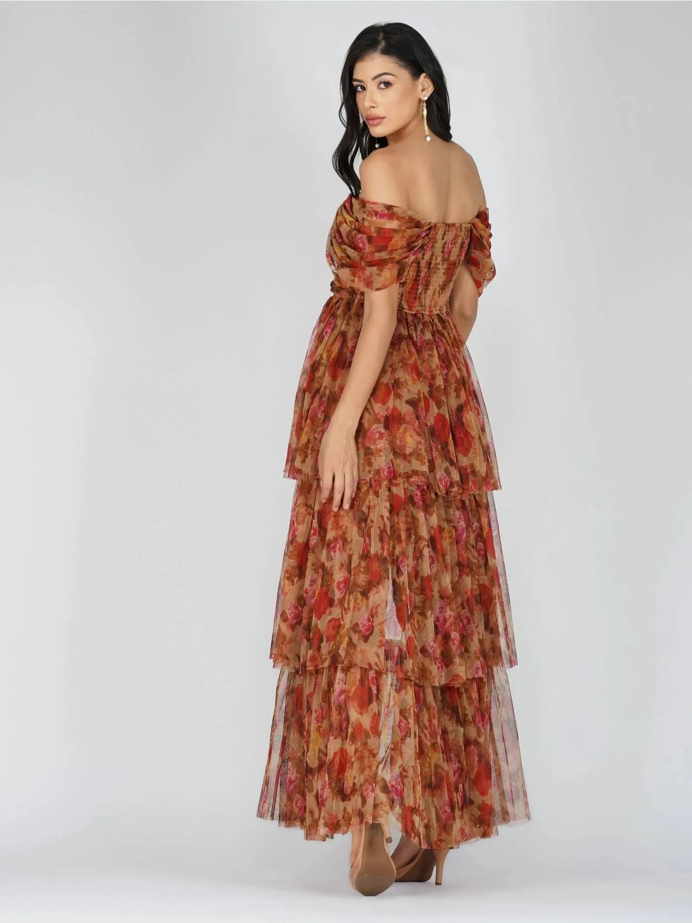 Sydney Tulle Maxi Dress in Brown Rose Floral