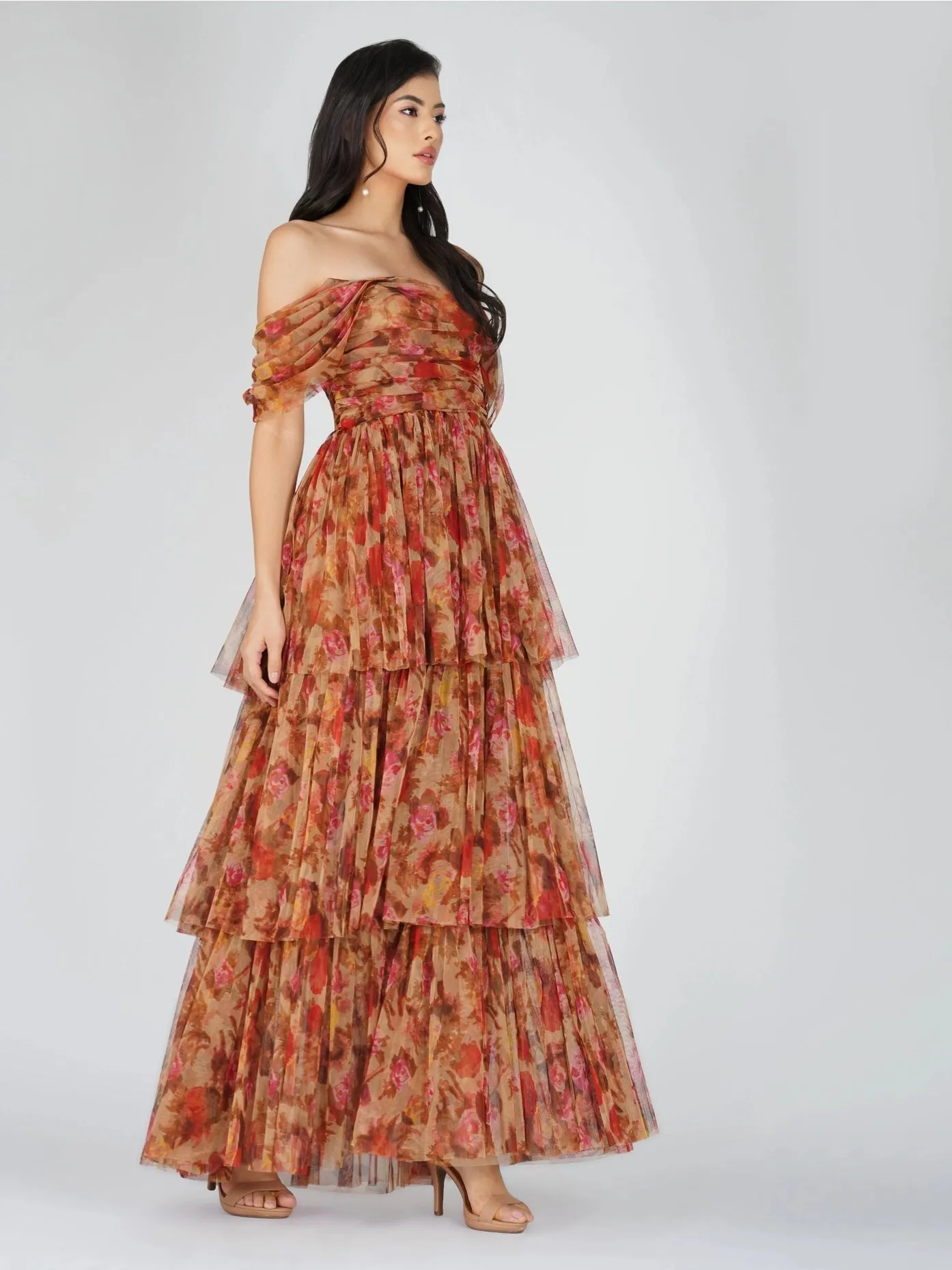 Sydney Tulle Maxi Dress in Brown Rose Floral