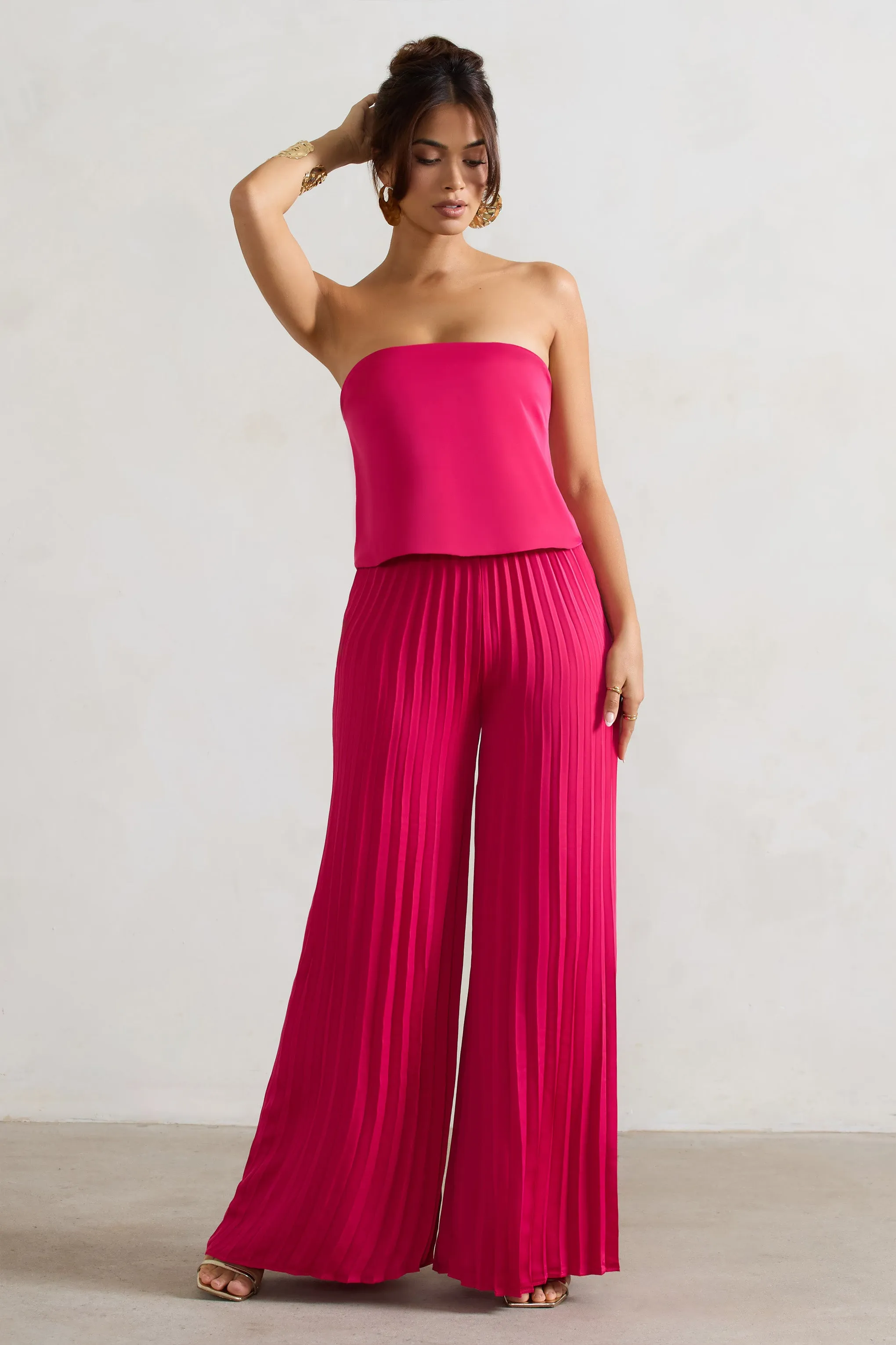 Tammi | Dark Pink Satin Strapless Plisse Wide-Leg Jumpsuit