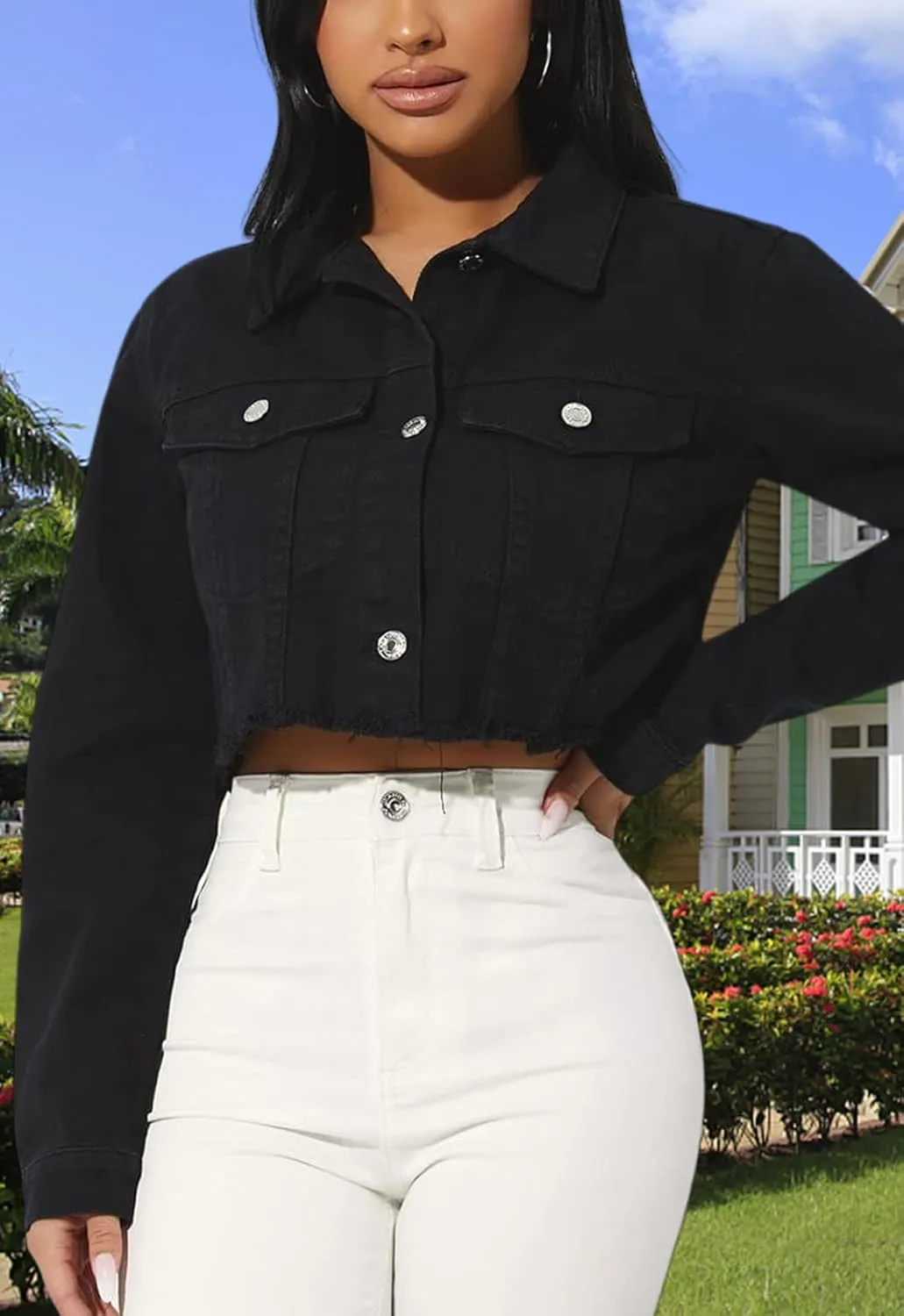 TodTan Women's Cropped Jean Denim Jackets - Distressed Frayed Hem Button Down Long Sleeve Casual Jacket Coat