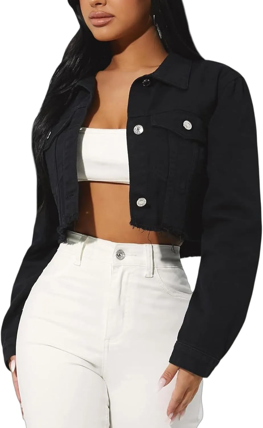 TodTan Women's Cropped Jean Denim Jackets - Distressed Frayed Hem Button Down Long Sleeve Casual Jacket Coat