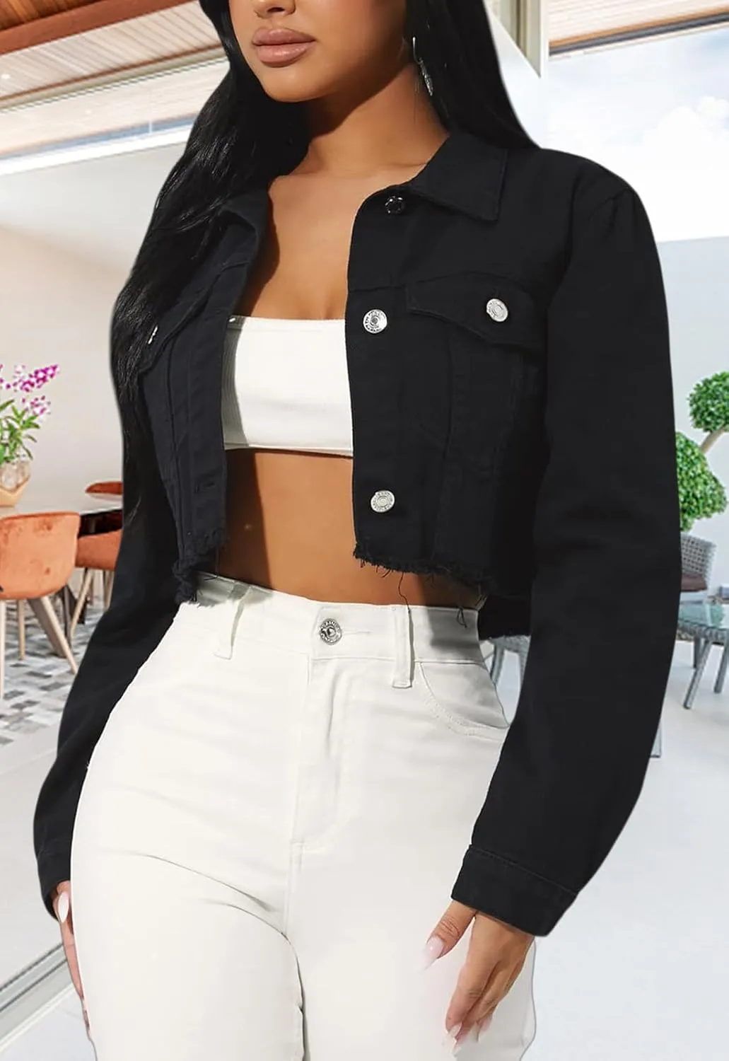 TodTan Women's Cropped Jean Denim Jackets - Distressed Frayed Hem Button Down Long Sleeve Casual Jacket Coat