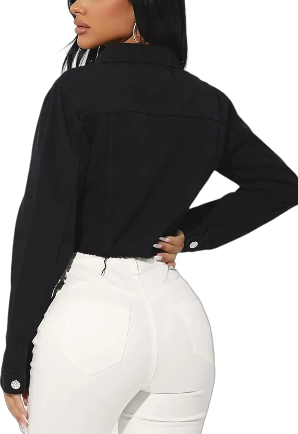 TodTan Women's Cropped Jean Denim Jackets - Distressed Frayed Hem Button Down Long Sleeve Casual Jacket Coat