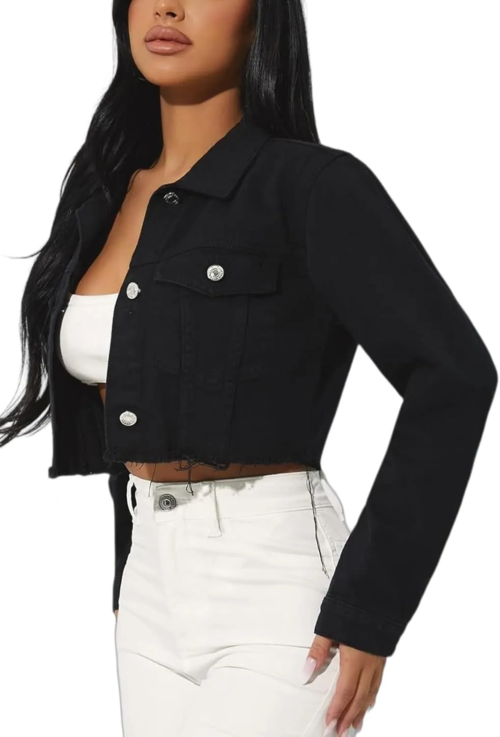 TodTan Women's Cropped Jean Denim Jackets - Distressed Frayed Hem Button Down Long Sleeve Casual Jacket Coat