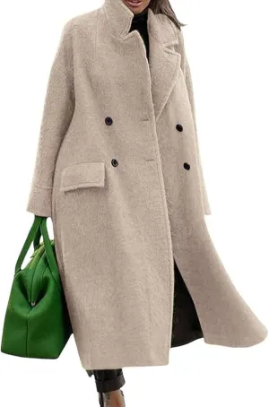 utcoco Women's Long Wool Coats Double Breasted Pea Coat Notched Lapel Trench Coat Overcoat