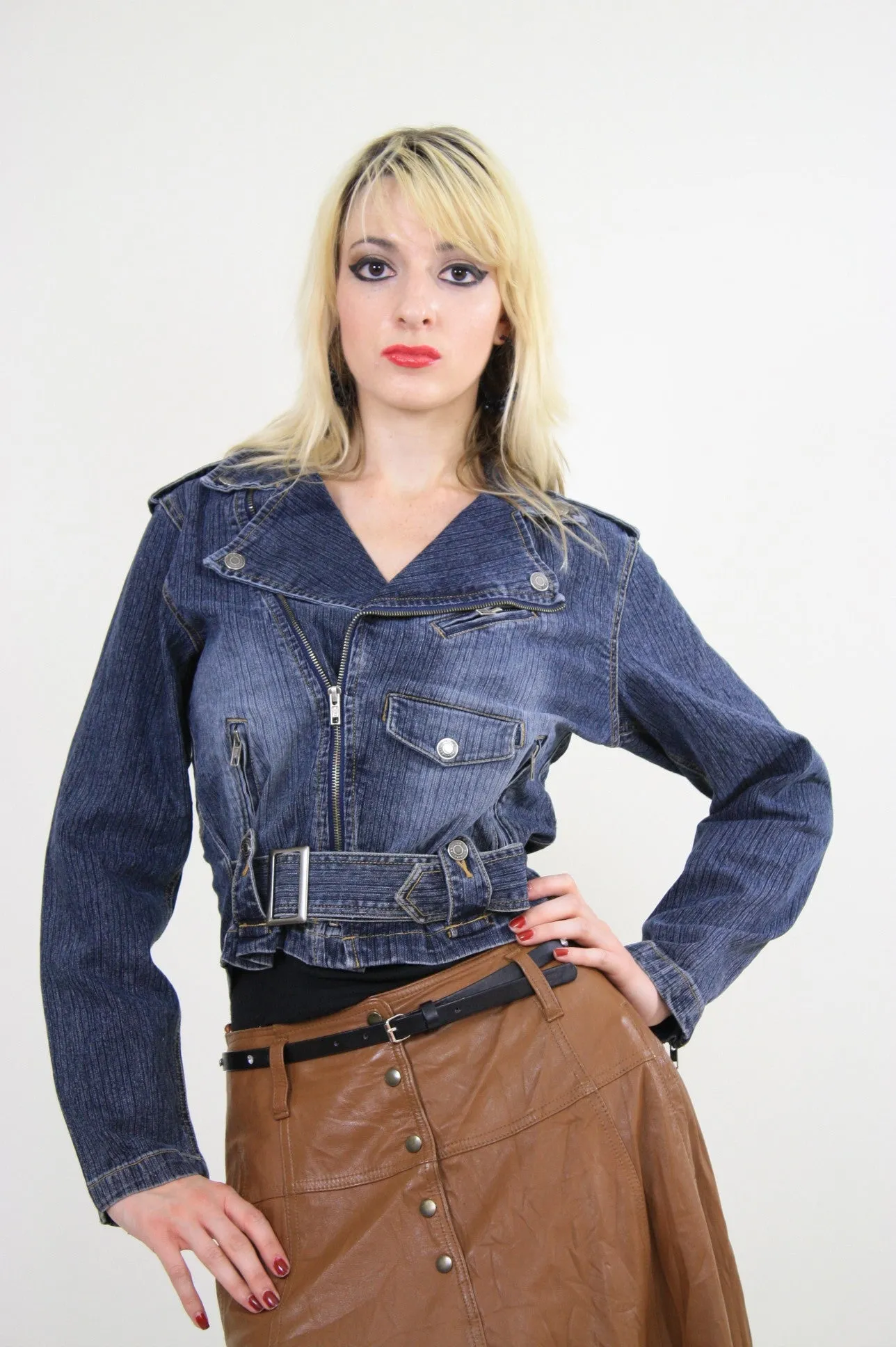 Vintage 90s Denim Crop Moto Motorcycle jacket