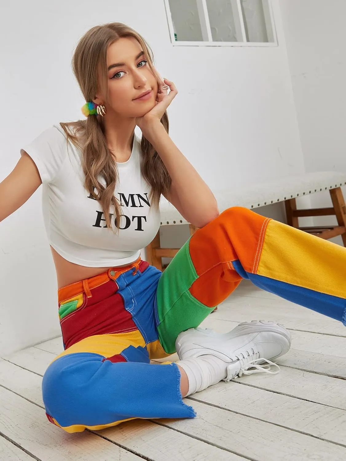 WDIRARA Women's Color Block Raw Hem High Waisted Jeans Straight Leg Denim Pants